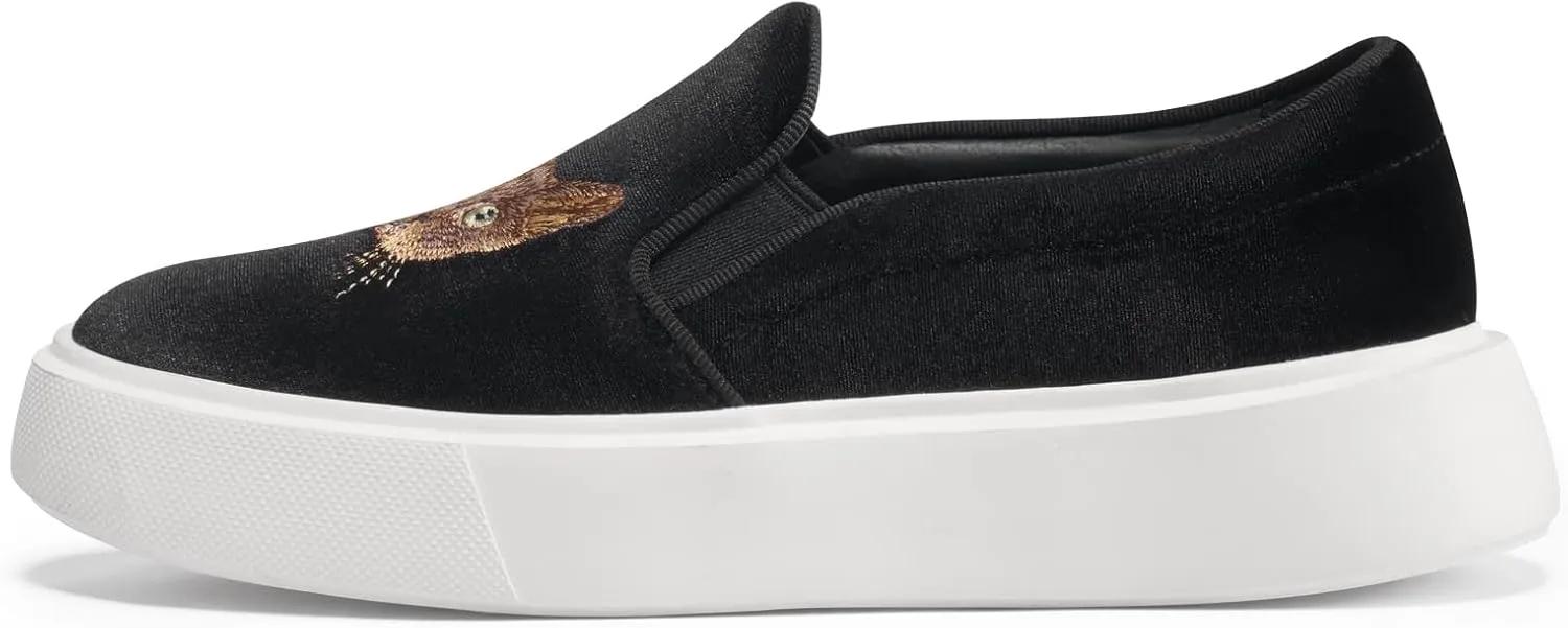 Journey West Women's Fashion Velvet Sneakers with Embroidery Comfortable Slip-On Work Shoes for Women