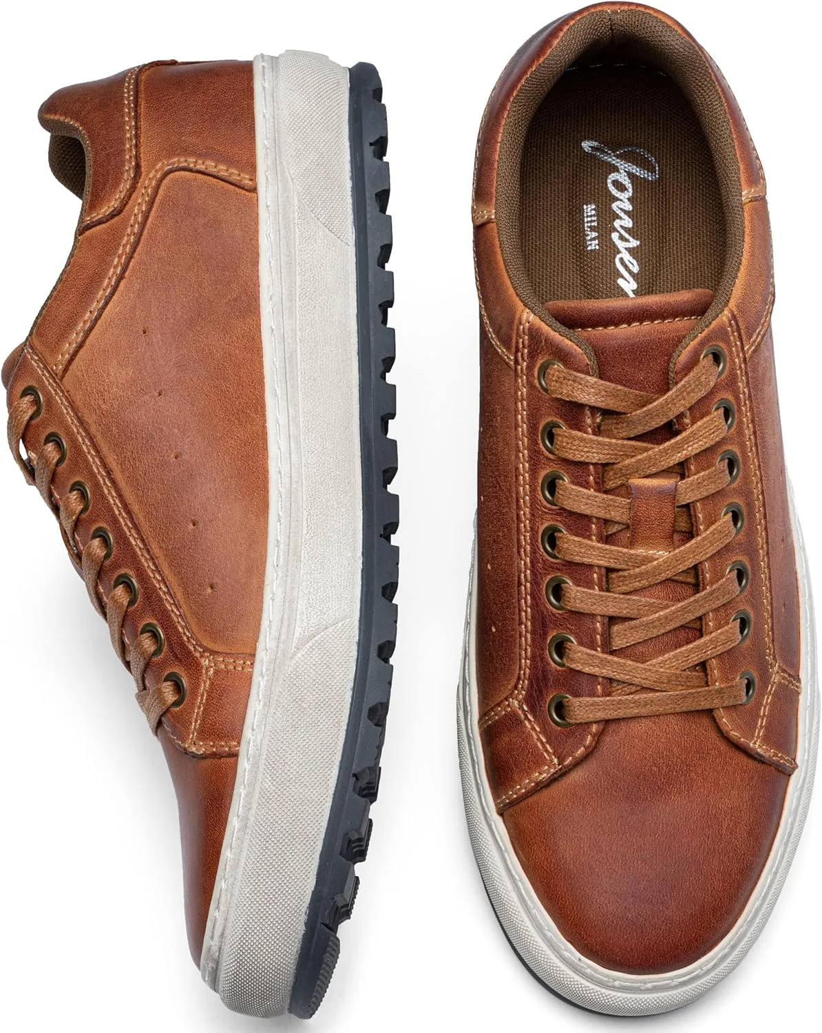 Jousen Men's Brown Leather Casual Fashion Sneakers