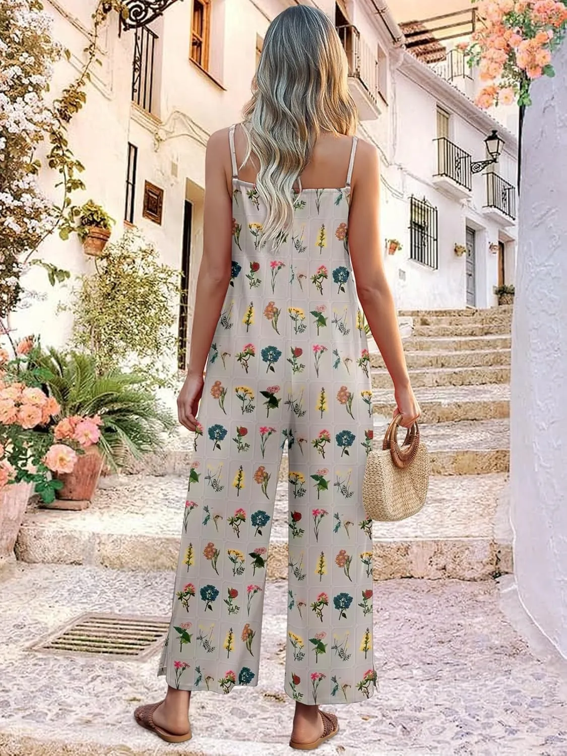 Jumpsuits for Women 2025 Summer Rompers Boho Floral Overalls Casual Wide Leg Long Pant One Piece Vacation Outfits