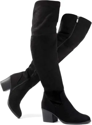 Katliu Women's Knee High Suede Chunky Heel Dressy Over the Knee Side Zipper Winter Long Boots