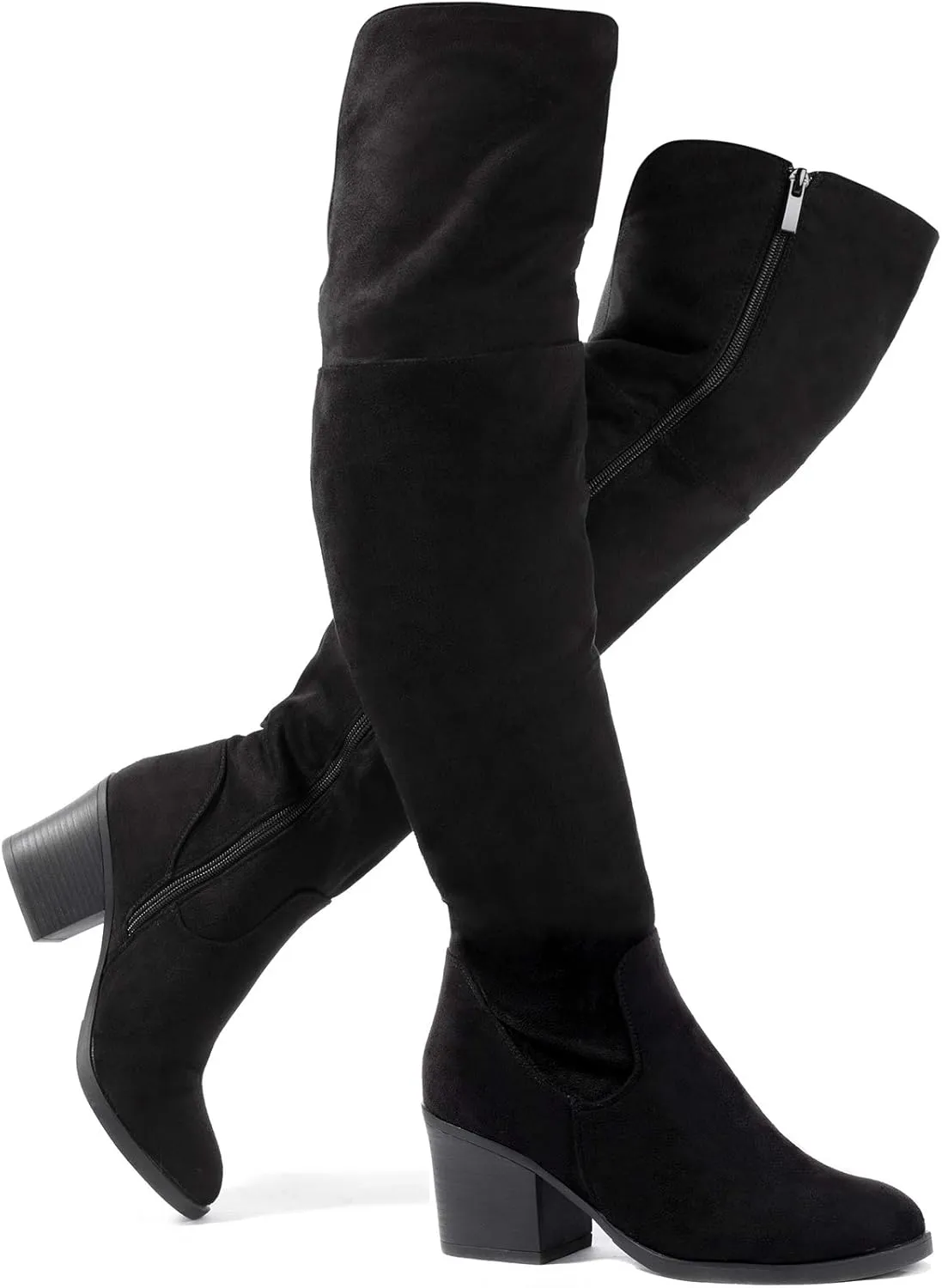 Katliu Women's Knee High Suede Chunky Heel Dressy Over the Knee Side Zipper Winter Long Boots