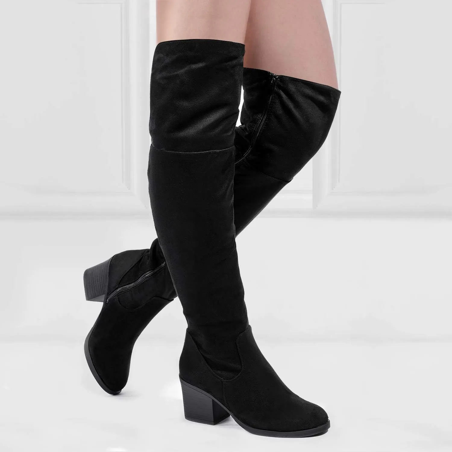 Katliu Women's Knee High Suede Chunky Heel Dressy Over the Knee Side Zipper Winter Long Boots