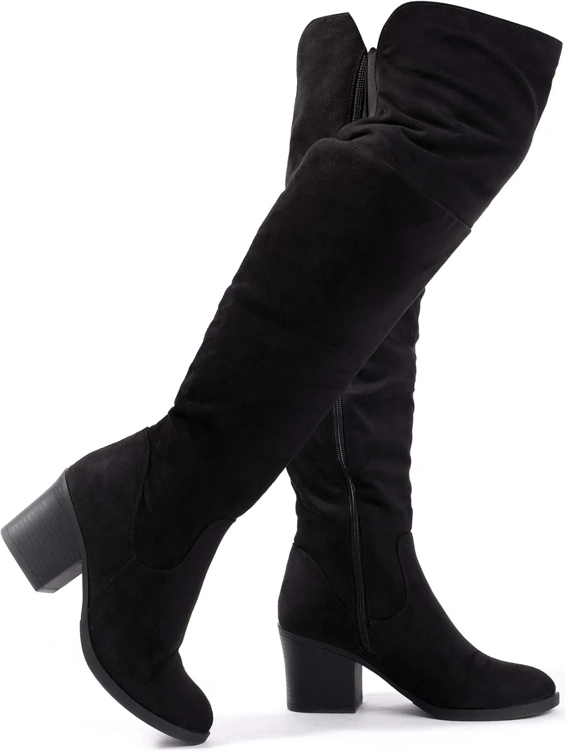 Katliu Women's Knee High Suede Chunky Heel Dressy Over the Knee Side Zipper Winter Long Boots