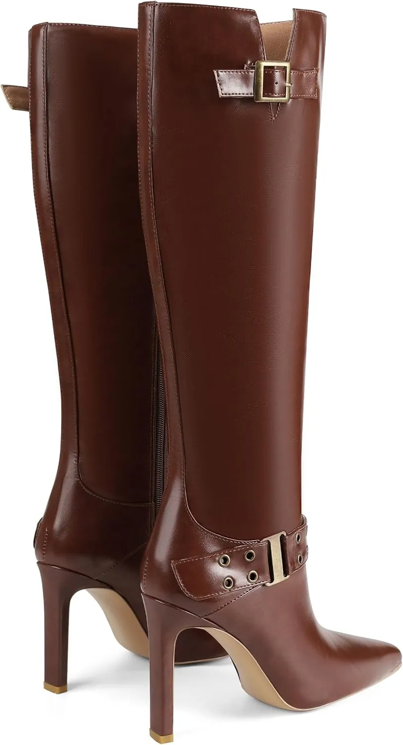 Knee High Boots for Women Pointed Toe Tall Boots Sexy Buckle High Heel Boots Fashion Dress Heeled Boots Side Zipper Stiletto Long Boots