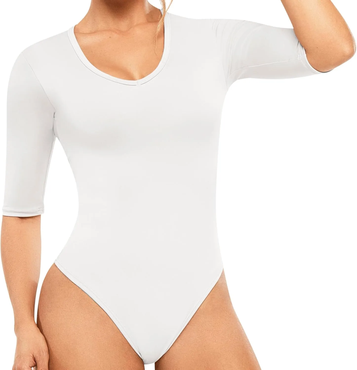 LadySlim Women’s V-Neck Half-Sleeve Bodysuit – Stretchy, Slim Fit, and Elegant Design