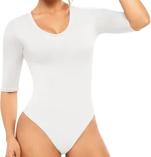 LadySlim Women’s V-Neck Half-Sleeve Bodysuit – Stretchy, Slim Fit, and Elegant Design