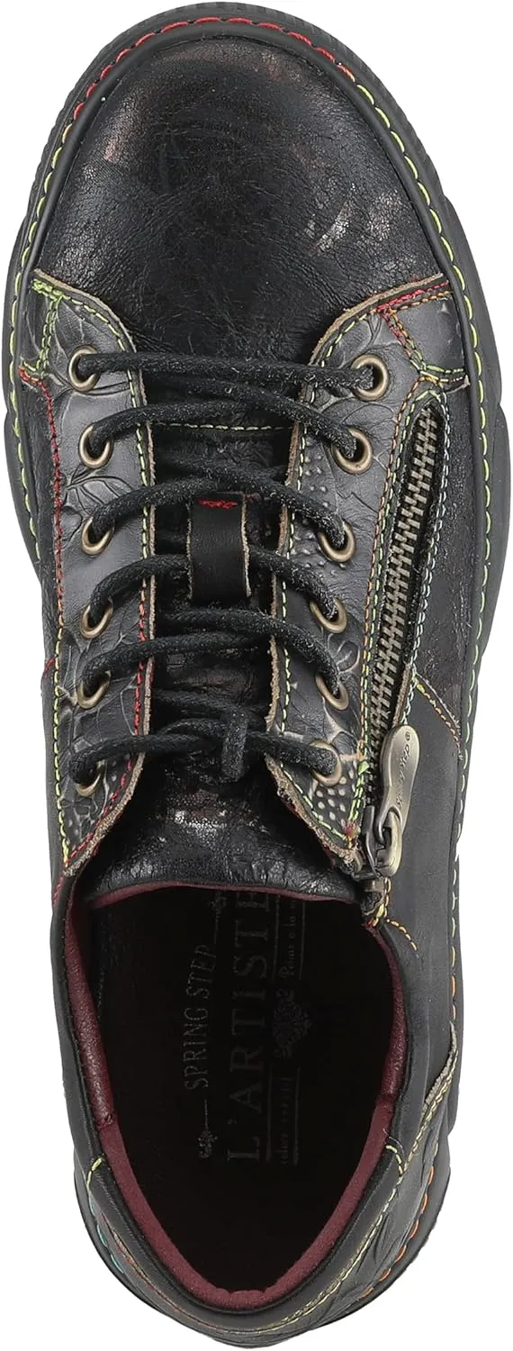 L'Artiste by Spring Step Women's Danli-Bloom Sneaker – Hand-Painted Leather Platform Shoes with Zipper & Lace-Up Closure, Removable Insole, Rainbow Stitching, Comfort Fit