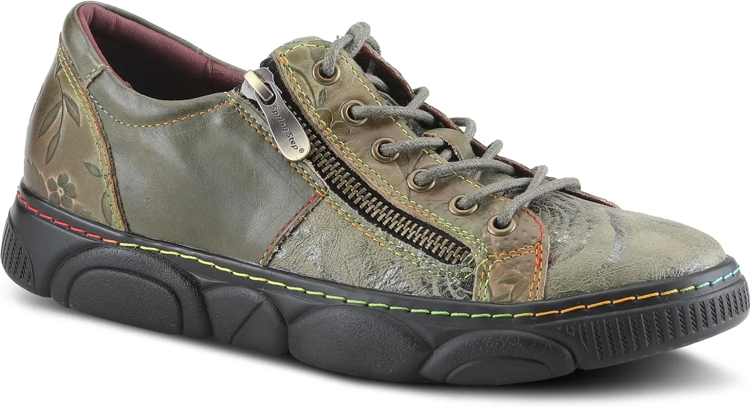 L'Artiste by Spring Step Women's Danli-Bloom Sneaker – Hand-Painted Leather Platform Shoes with Zipper & Lace-Up Closure, Removable Insole, Rainbow Stitching, Comfort Fit