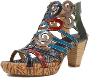 Leahter Heeled Sandals Women Sandals with Heel Summer Open Toe Chunky Heel Sandals Shoes Block High Heel Dress Sandals Lace-up Sandals Handmade Retro High-Heeled Sandals Colorful Flower Vintage
