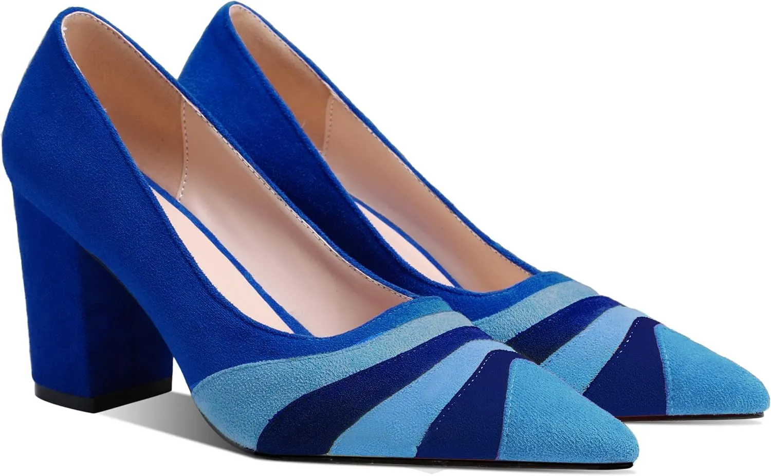 LEHOOR Women Rainbow Chunky Heel Pumps Pointed Toe Suede Multicolor High Heels 3 Inch Slip On Closed Toe Block Dress Pumps for Ladies Party Office Classic Comfy Retro Fashion 4-13 M US
