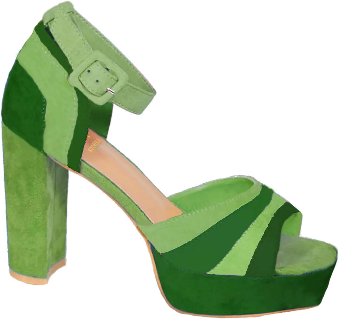 LEHOOR Women Rainbow High Chunky Heel Sandals Platform Round Peep Toe Ankle Strap Pumps Suede 4 Inch Block Heel Multicolor Buckle Summer Heels Cute Sexy Dress Party Sandals 4-11 M US