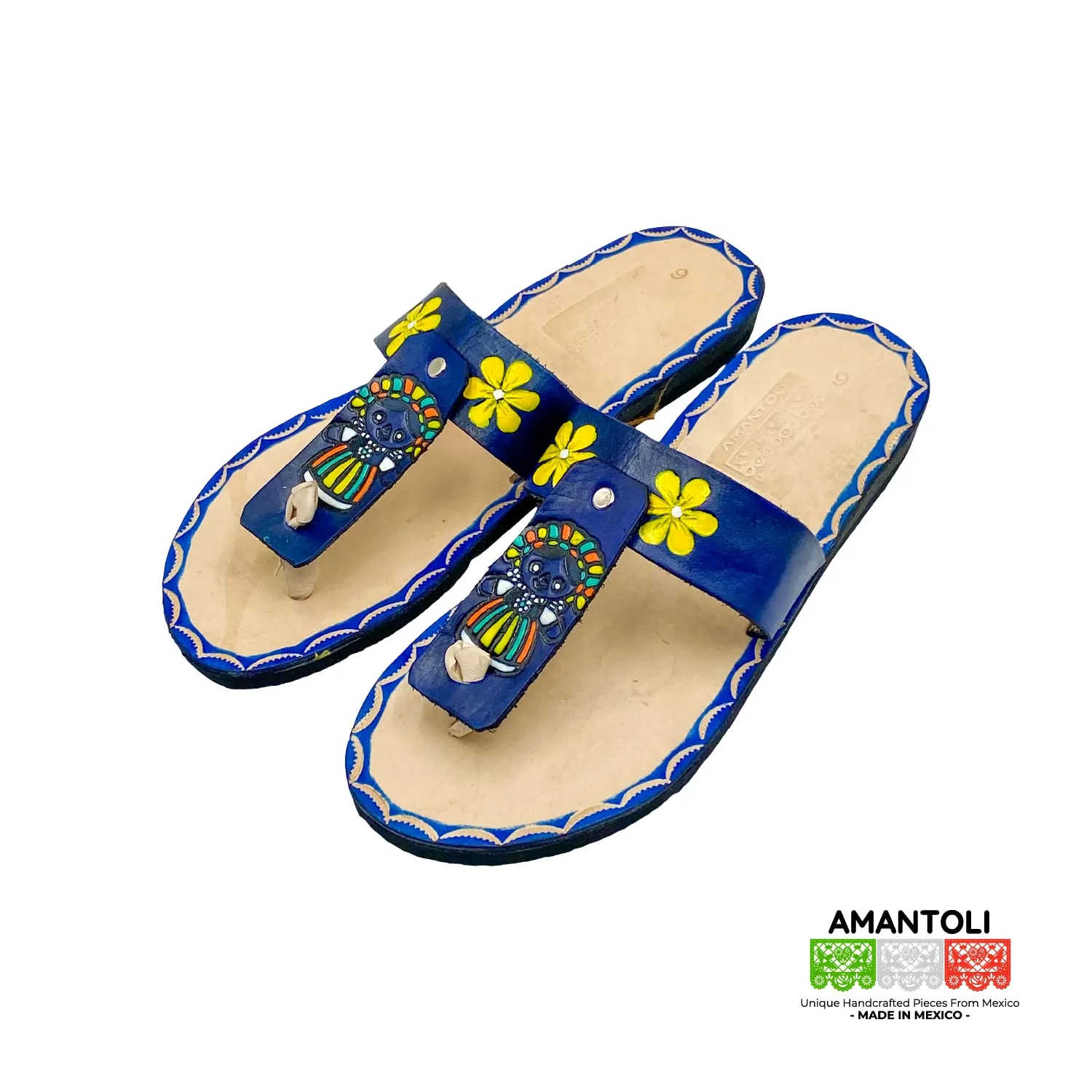 Lele Sandals - Otomi Model - Women 100% Artisan Hand Made Mexican Leather Hipster Colorful Closed Toe Sandal | Flats | Huarache Artesanal - Hecho a Mano Handcrafted in Mexico (US 7, BLUE LELE)