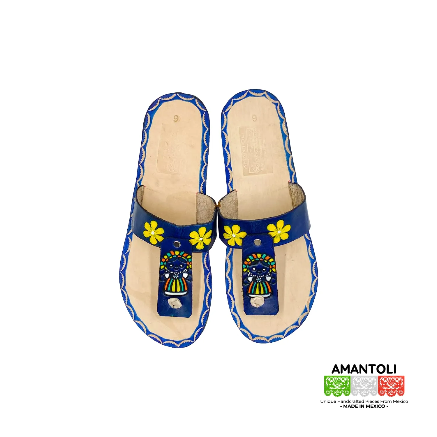 Lele Sandals - Otomi Model - Women 100% Artisan Hand Made Mexican Leather Hipster Colorful Closed Toe Sandal | Flats | Huarache Artesanal - Hecho a Mano Handcrafted in Mexico (US 7, BLUE LELE)