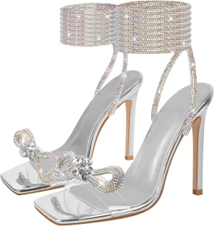 LISHAN Women's Diamond Rhinestone Lace Up Stilettos Sparkly Ankle Wrap Strappy Slim High Heels Clear Sandals