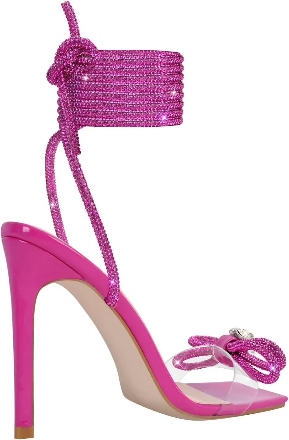 LISHAN Women's Diamond Rhinestone Lace Up Stilettos Sparkly Ankle Wrap Strappy Slim High Heels Clear Sandals