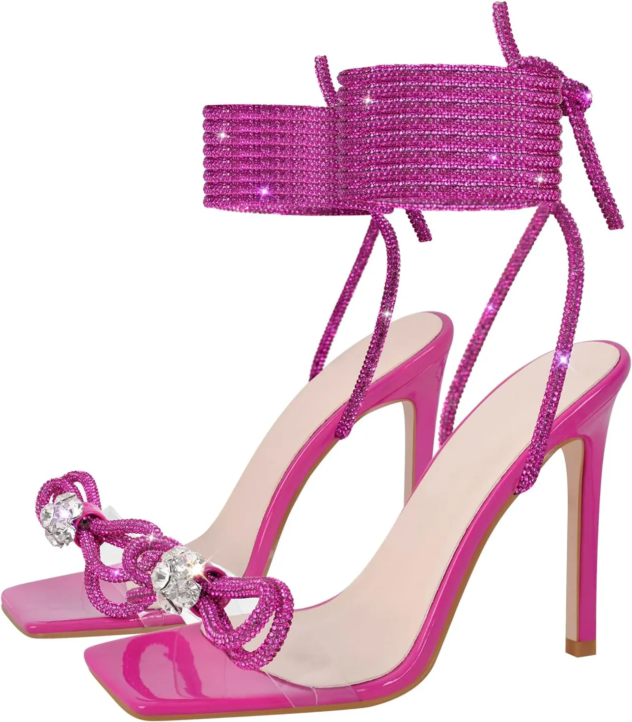 LISHAN Women's Diamond Rhinestone Lace Up Stilettos Sparkly Ankle Wrap Strappy Slim High Heels Clear Sandals