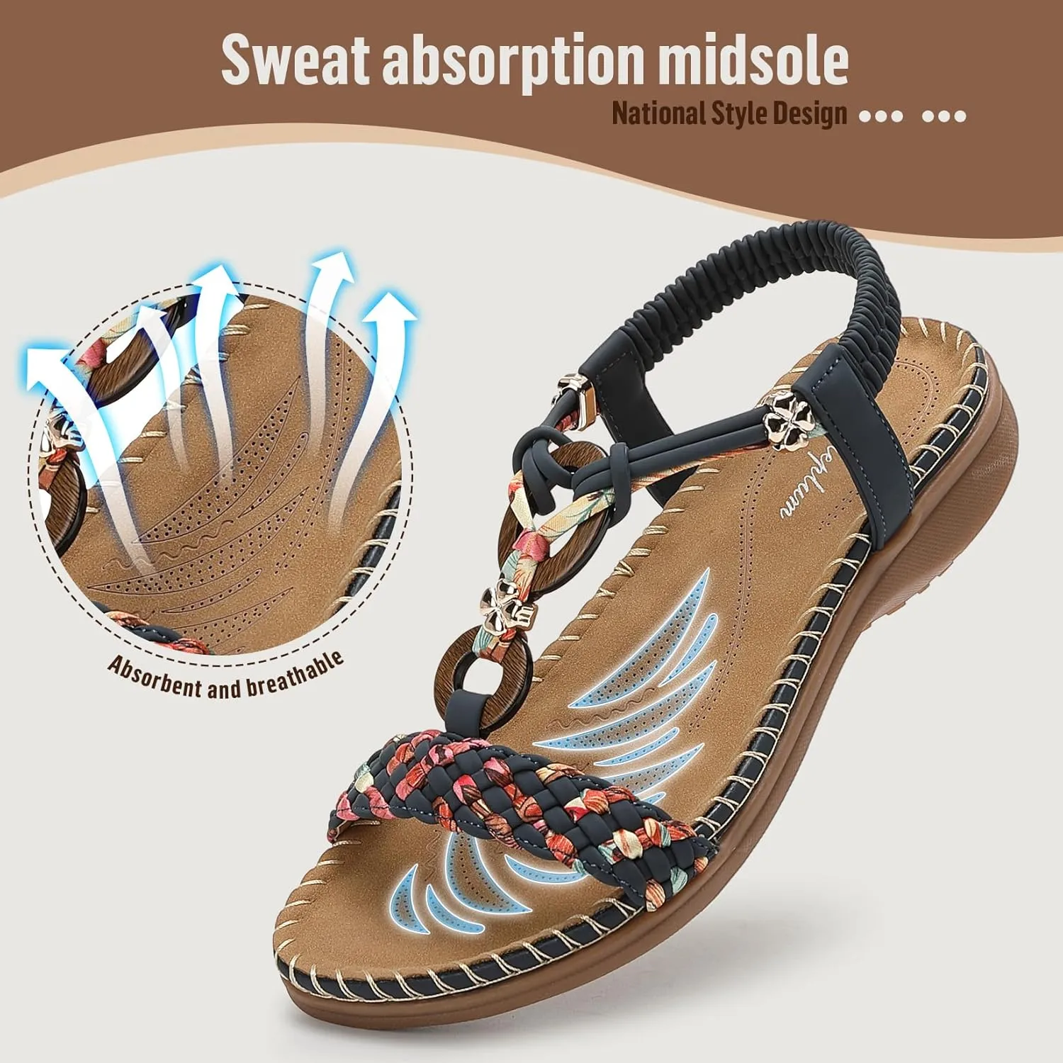 Littleplum Women Sandals Arch Support Handmade Bohemian Braided Flat Sandals Comfort Walking Beach Ankle Elastic Summer Shoes