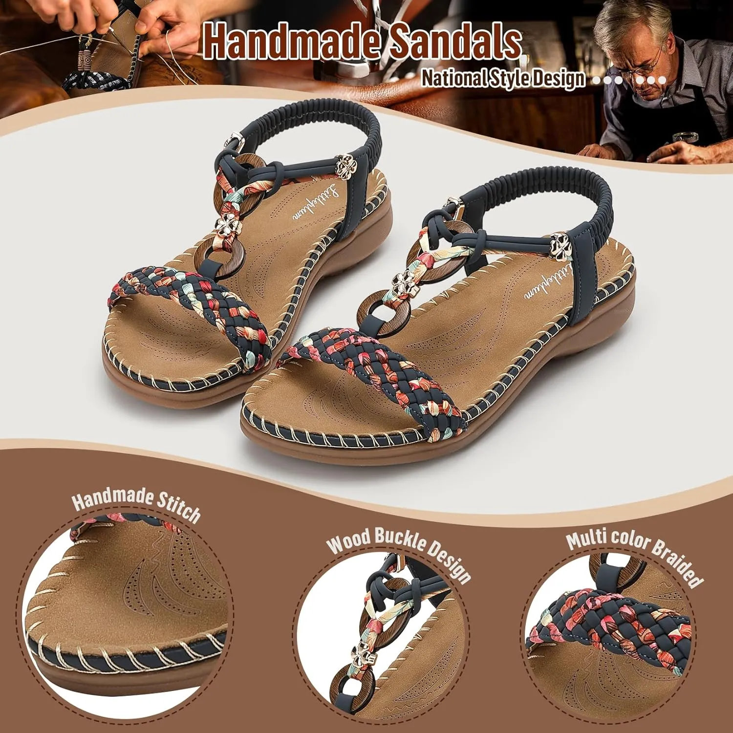 Littleplum Women Sandals Arch Support Handmade Bohemian Braided Flat Sandals Comfort Walking Beach Ankle Elastic Summer Shoes