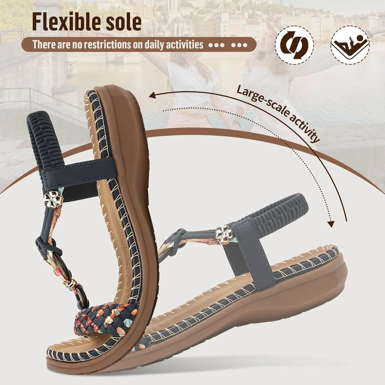 Littleplum Women Sandals Arch Support Handmade Bohemian Braided Flat Sandals Comfort Walking Beach Ankle Elastic Summer Shoes