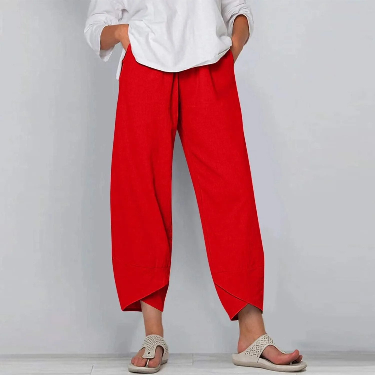 LOAIHA Cotton Linen Casual Summer Capri Pants Printed Cropped Comfy Baggy Trousers with Pockets Palazzo Lounge Pants