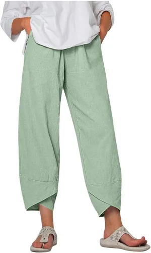 LOAIHA Cotton Linen Casual Summer Capri Pants Printed Cropped Comfy Baggy Trousers with Pockets Palazzo Lounge Pants