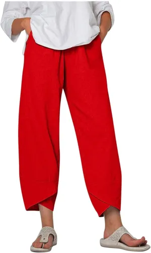 LOAIHA Cotton Linen Casual Summer Capri Pants Printed Cropped Comfy Baggy Trousers with Pockets Palazzo Lounge Pants
