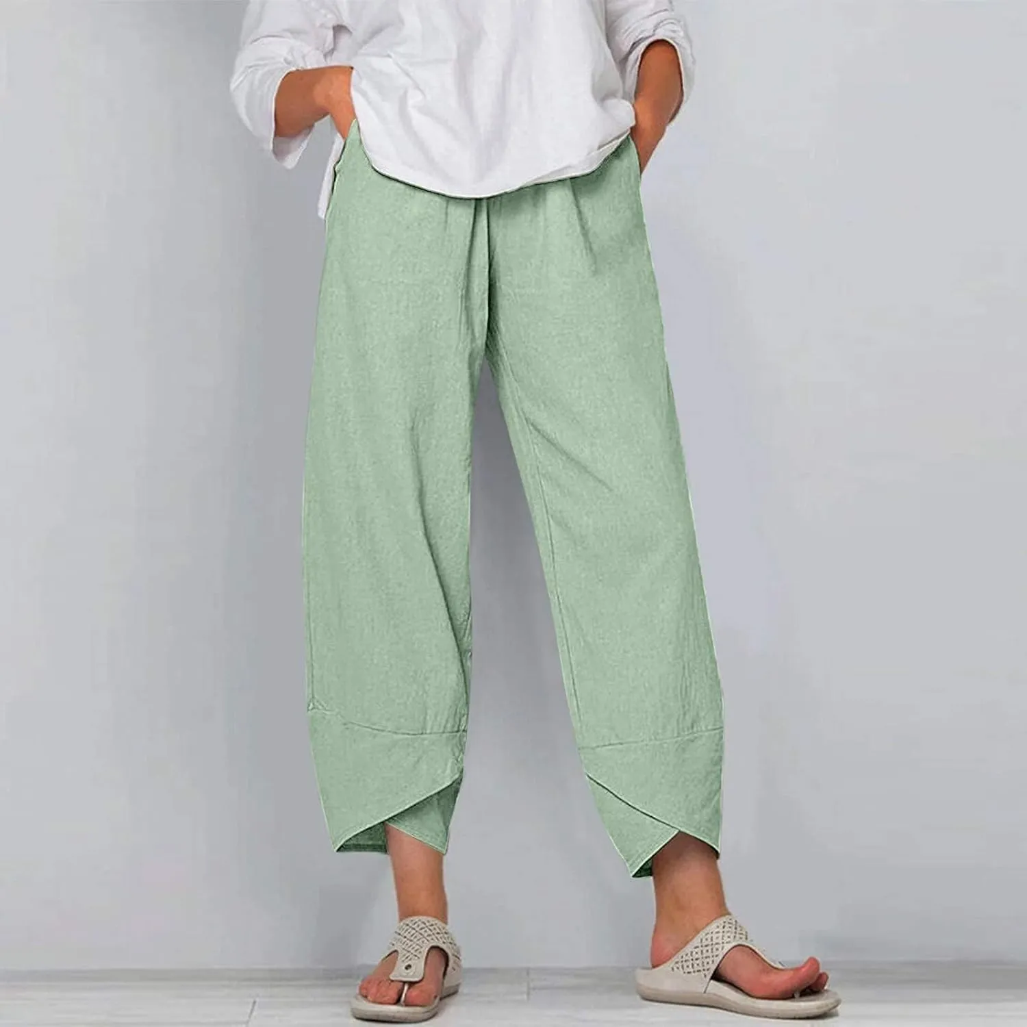 LOAIHA Cotton Linen Casual Summer Capri Pants Printed Cropped Comfy Baggy Trousers with Pockets Palazzo Lounge Pants