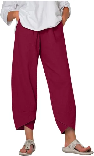 LOAIHA Cotton Linen Casual Summer Capri Pants Printed Cropped Comfy Baggy Trousers with Pockets Palazzo Lounge Pants