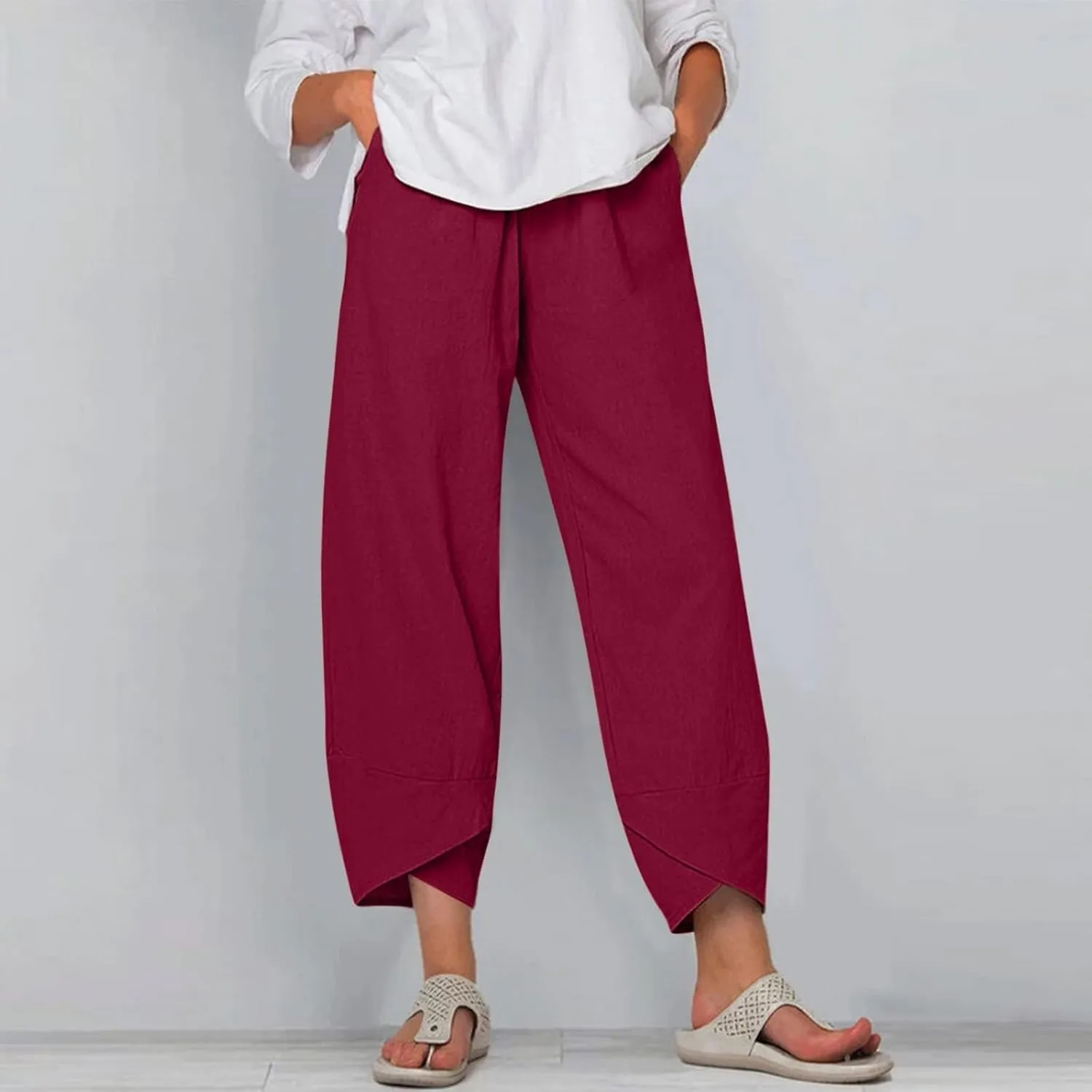 LOAIHA Cotton Linen Casual Summer Capri Pants Printed Cropped Comfy Baggy Trousers with Pockets Palazzo Lounge Pants