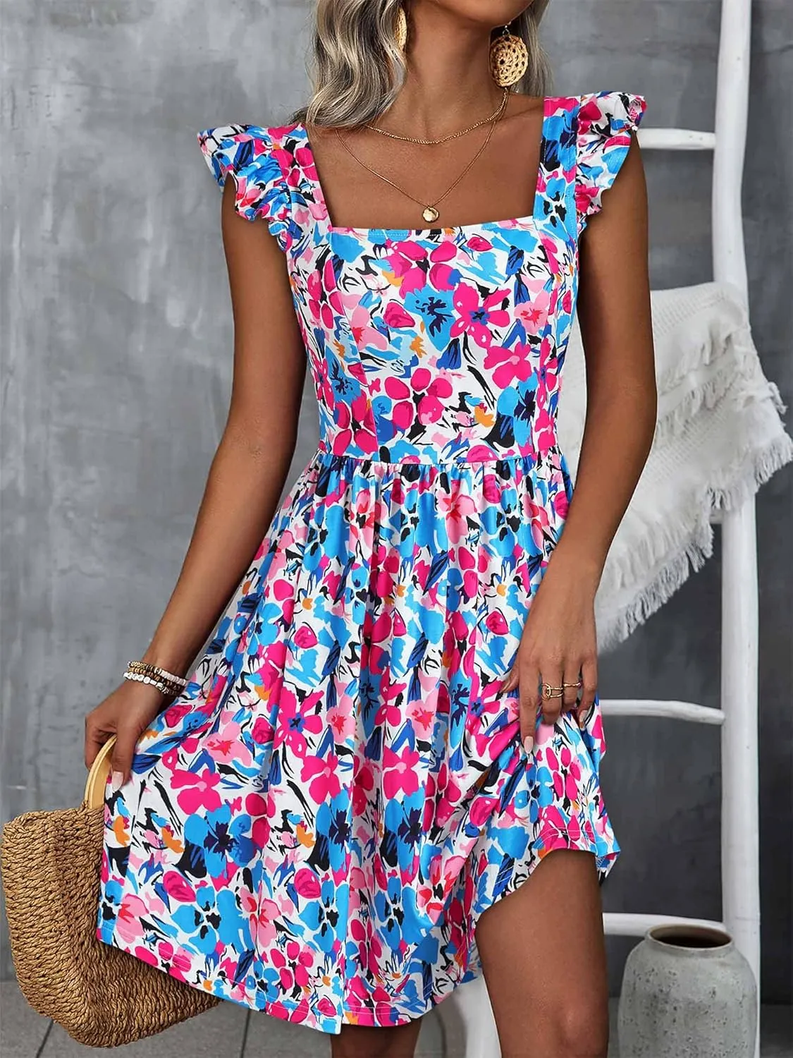 Loemes Summer Casual Cute Floral Flowy Square Neck Sundressses with Pocket Beach Dress for Women