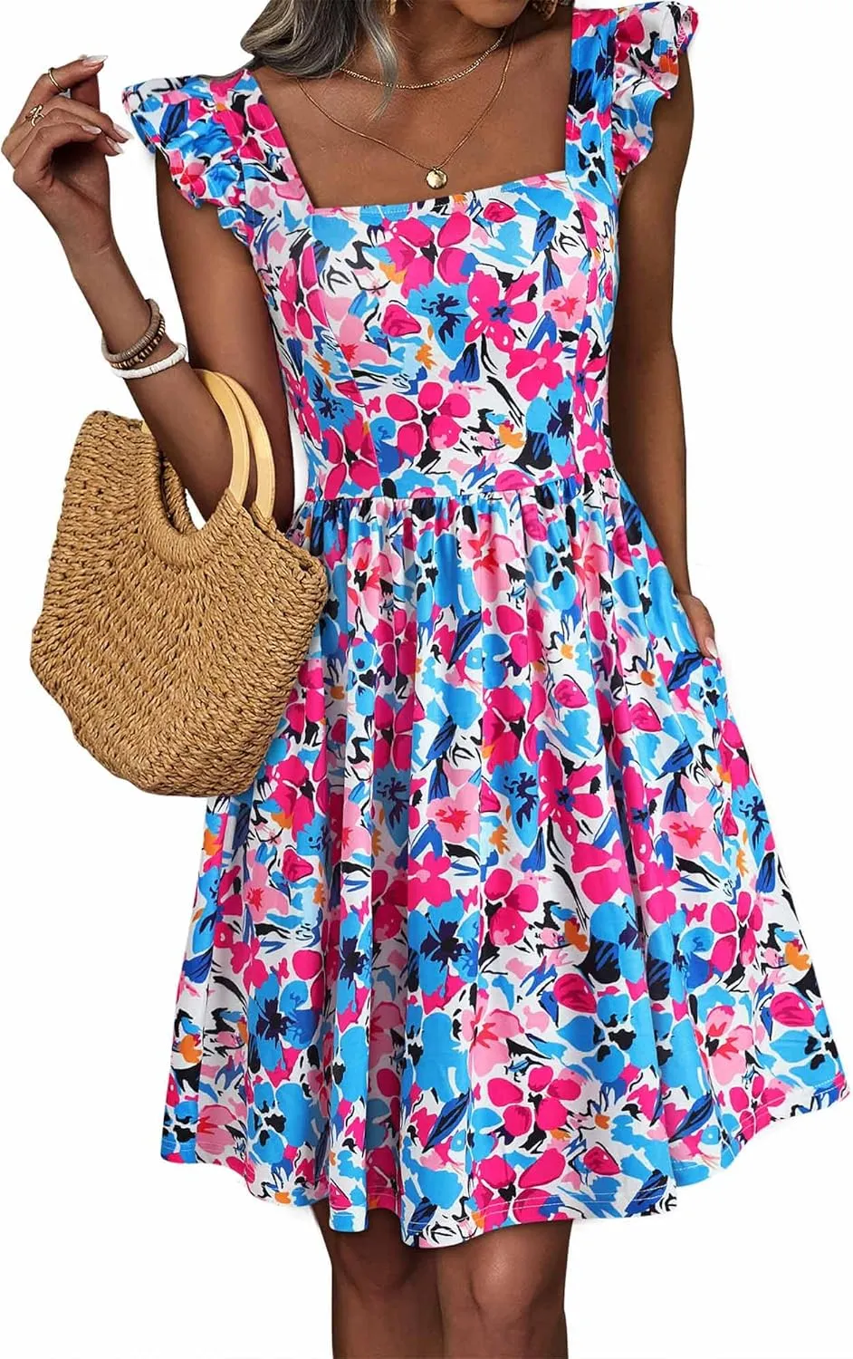 Loemes Summer Casual Cute Floral Flowy Square Neck Sundressses with Pocket Beach Dress for Women