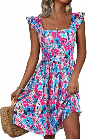 Loemes Summer Casual Cute Floral Flowy Square Neck Sundressses with Pocket Beach Dress for Women