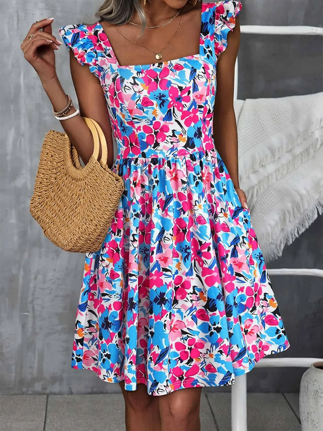 Loemes Summer Casual Cute Floral Flowy Square Neck Sundressses with Pocket Beach Dress for Women
