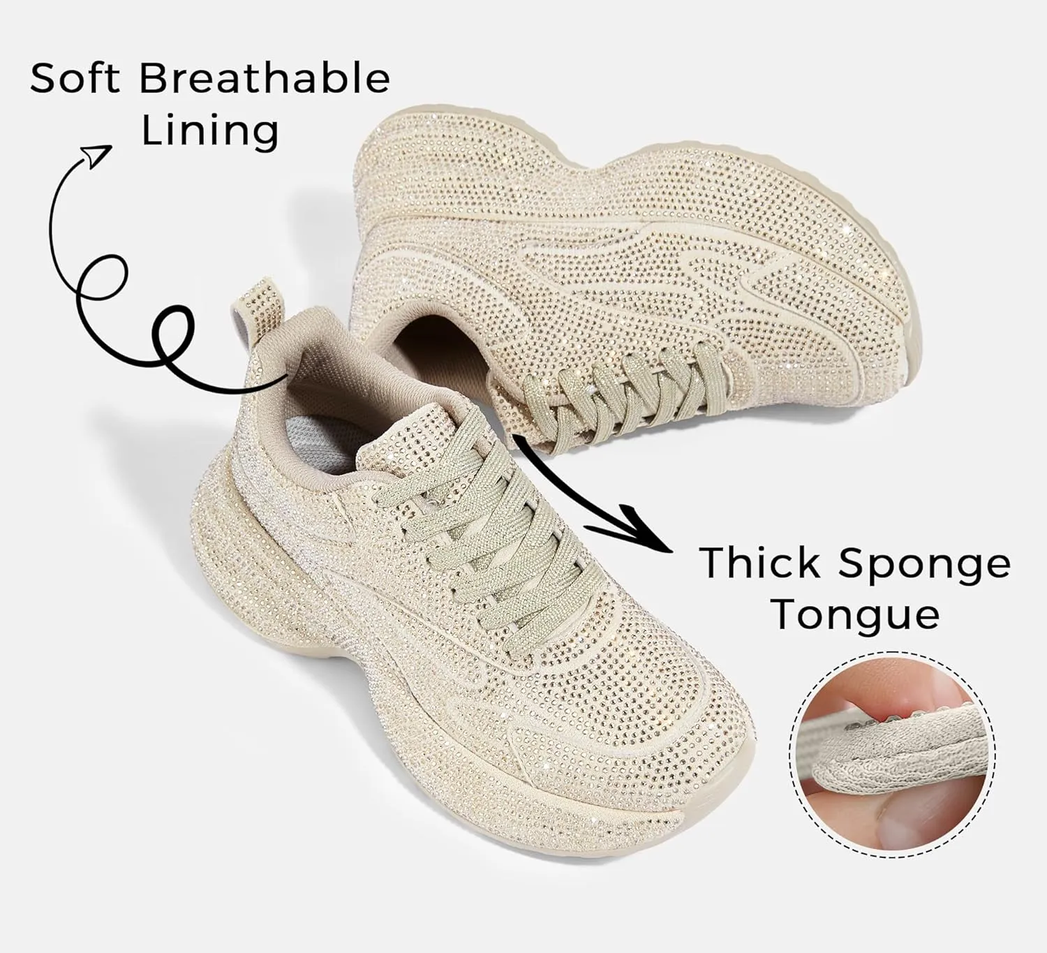 LUCKY STEP Rhinestone Chunky Sneakers for Women Fashion Platform Sparkly Dad Casual Shoes Lightweight Tennis Walking Sport Footwear