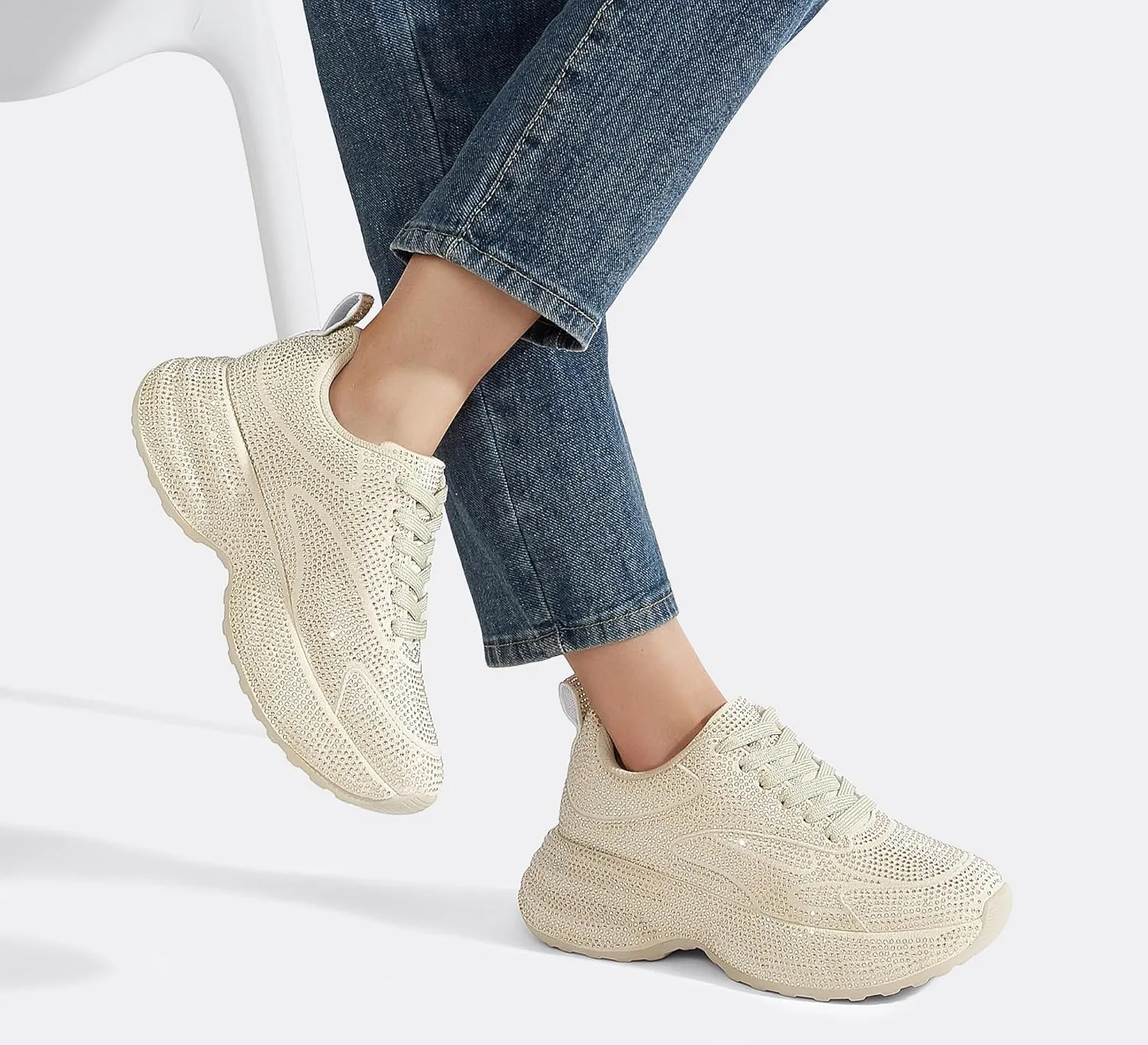 LUCKY STEP Rhinestone Chunky Sneakers for Women Fashion Platform Sparkly Dad Casual Shoes Lightweight Tennis Walking Sport Footwear