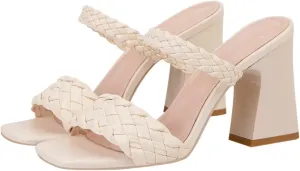 LUXINYU Braided Sandals for Women Square Open Toe Backless Mules Slip On Chunky Block Heel Slide Sandals