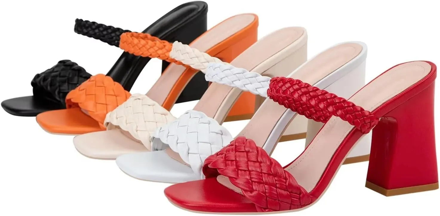 LUXINYU Braided Sandals for Women Square Open Toe Backless Mules Slip On Chunky Block Heel Slide Sandals