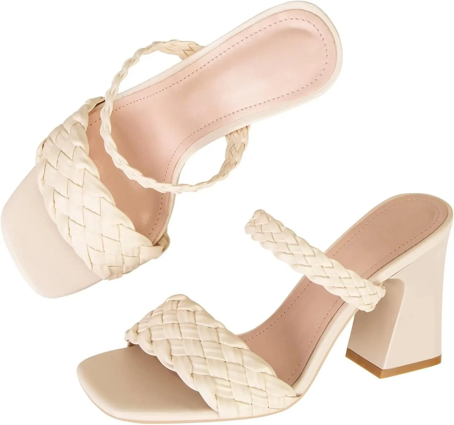 LUXINYU Braided Sandals for Women Square Open Toe Backless Mules Slip On Chunky Block Heel Slide Sandals