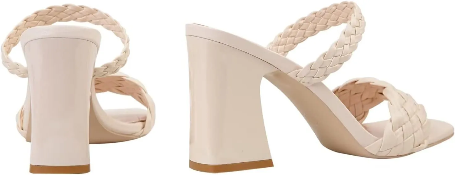 LUXINYU Braided Sandals for Women Square Open Toe Backless Mules Slip On Chunky Block Heel Slide Sandals