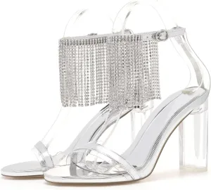 LUXINYU Women's High Heeled Sandals Sparkling Rhinestone Tassel Ankle Strap Chunky Heels Wedding Bridal Crystal Shoes Evening Prom Dress Heels
