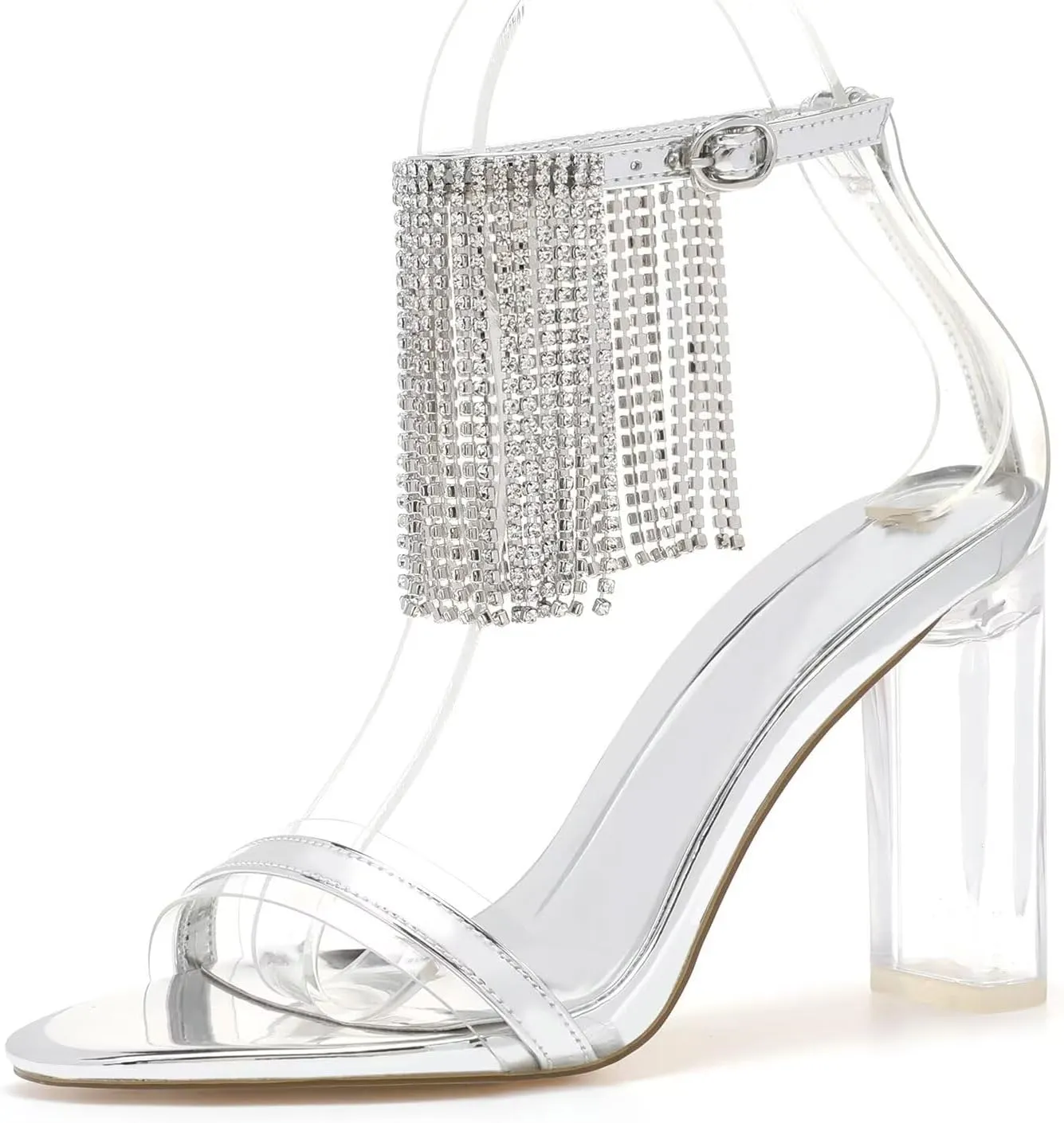 LUXINYU Women's High Heeled Sandals Sparkling Rhinestone Tassel Ankle Strap Chunky Heels Wedding Bridal Crystal Shoes Evening Prom Dress Heels