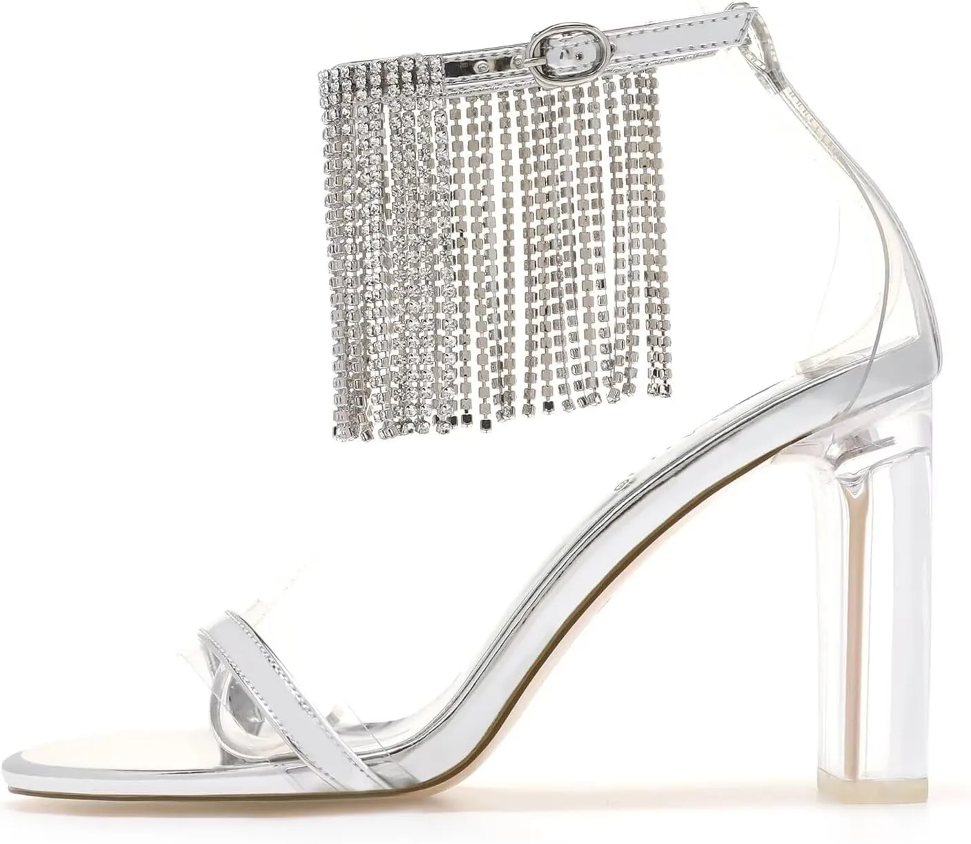LUXINYU Women's High Heeled Sandals Sparkling Rhinestone Tassel Ankle Strap Chunky Heels Wedding Bridal Crystal Shoes Evening Prom Dress Heels