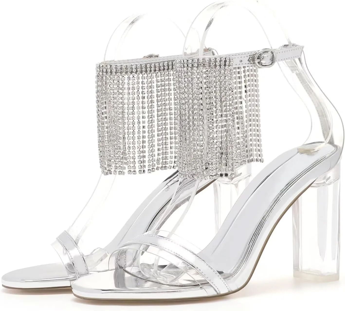 LUXINYU Women's High Heeled Sandals Sparkling Rhinestone Tassel Ankle Strap Chunky Heels Wedding Bridal Crystal Shoes Evening Prom Dress Heels