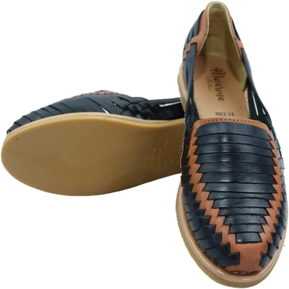 Macarena Collection Sandals women Huarache Sandal Colorful Leather Mexican Style Color Black with shedron 102