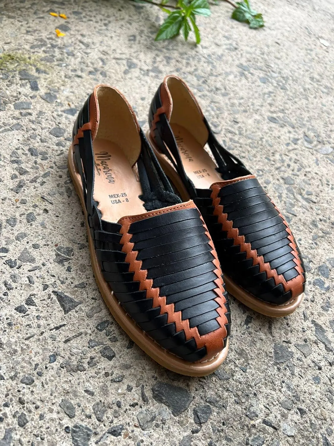Macarena Collection Sandals women Huarache Sandal Colorful Leather Mexican Style Color Black with shedron 102