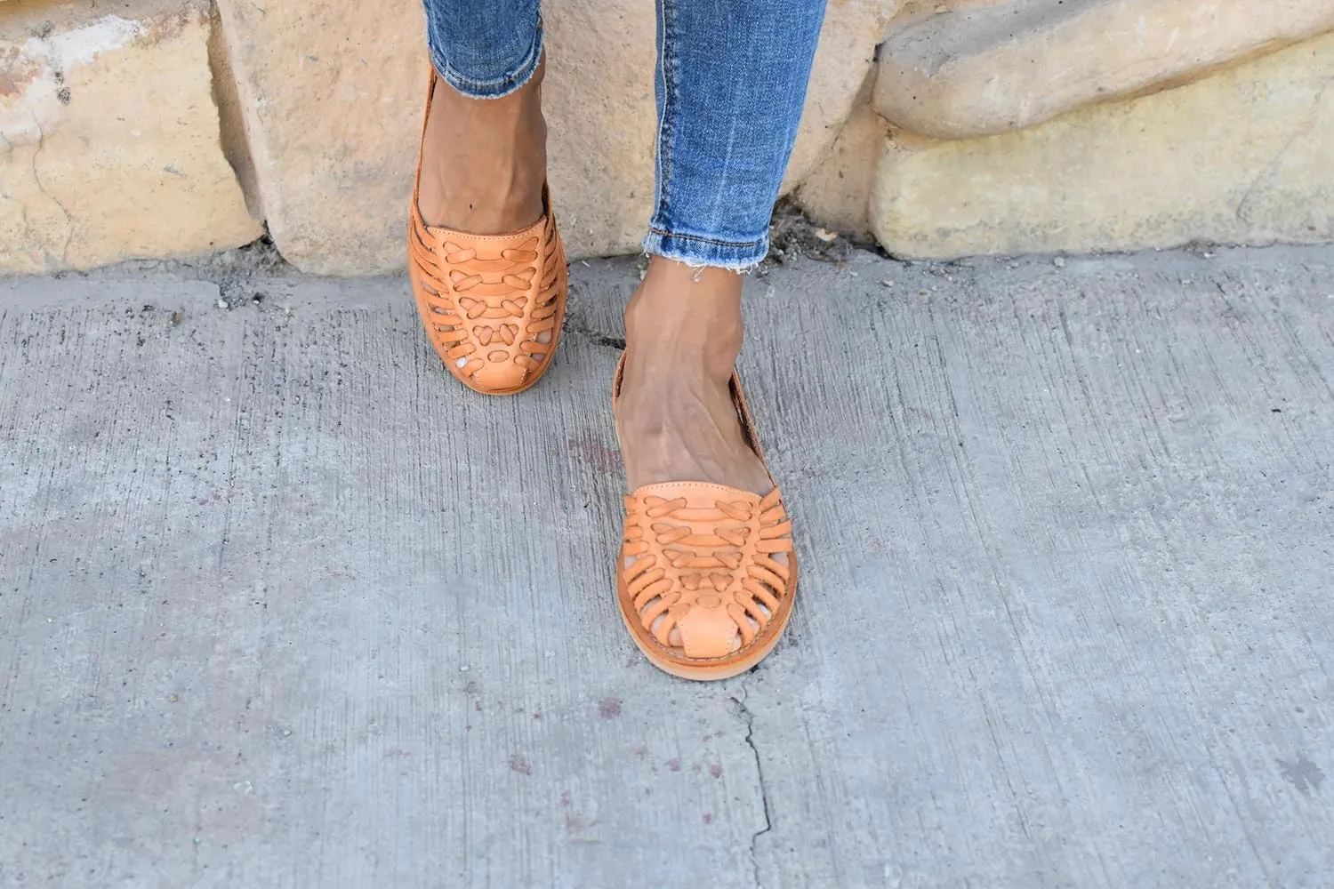 Macarena Collection Sandals women Huarache Sandal Colorful Leather Mexican Style Color Tan 124