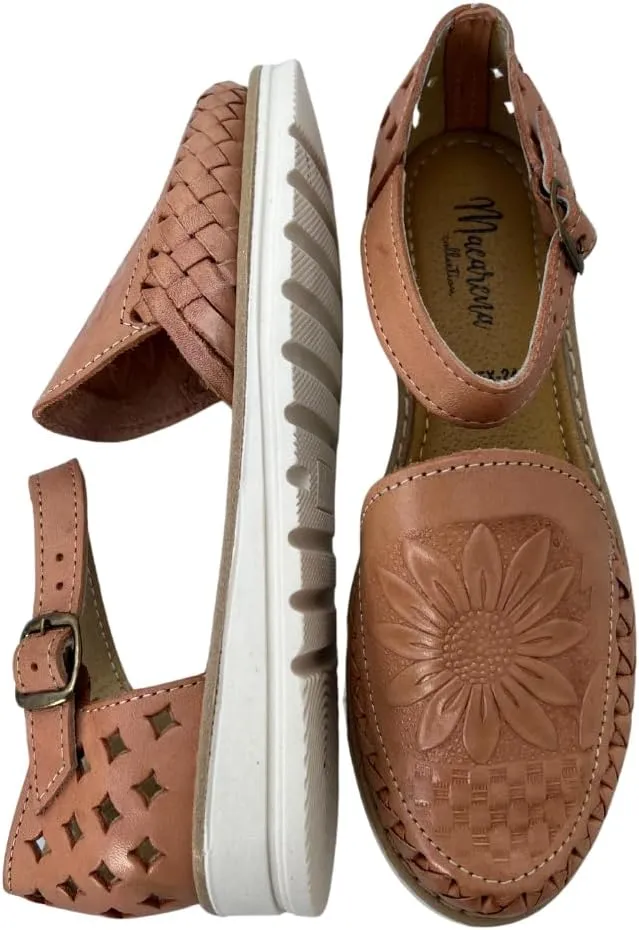 Macarena Collection Sandals women Huarache Sandal Colorful Leather Mexican Style Color Tan Sunflower die cut 040