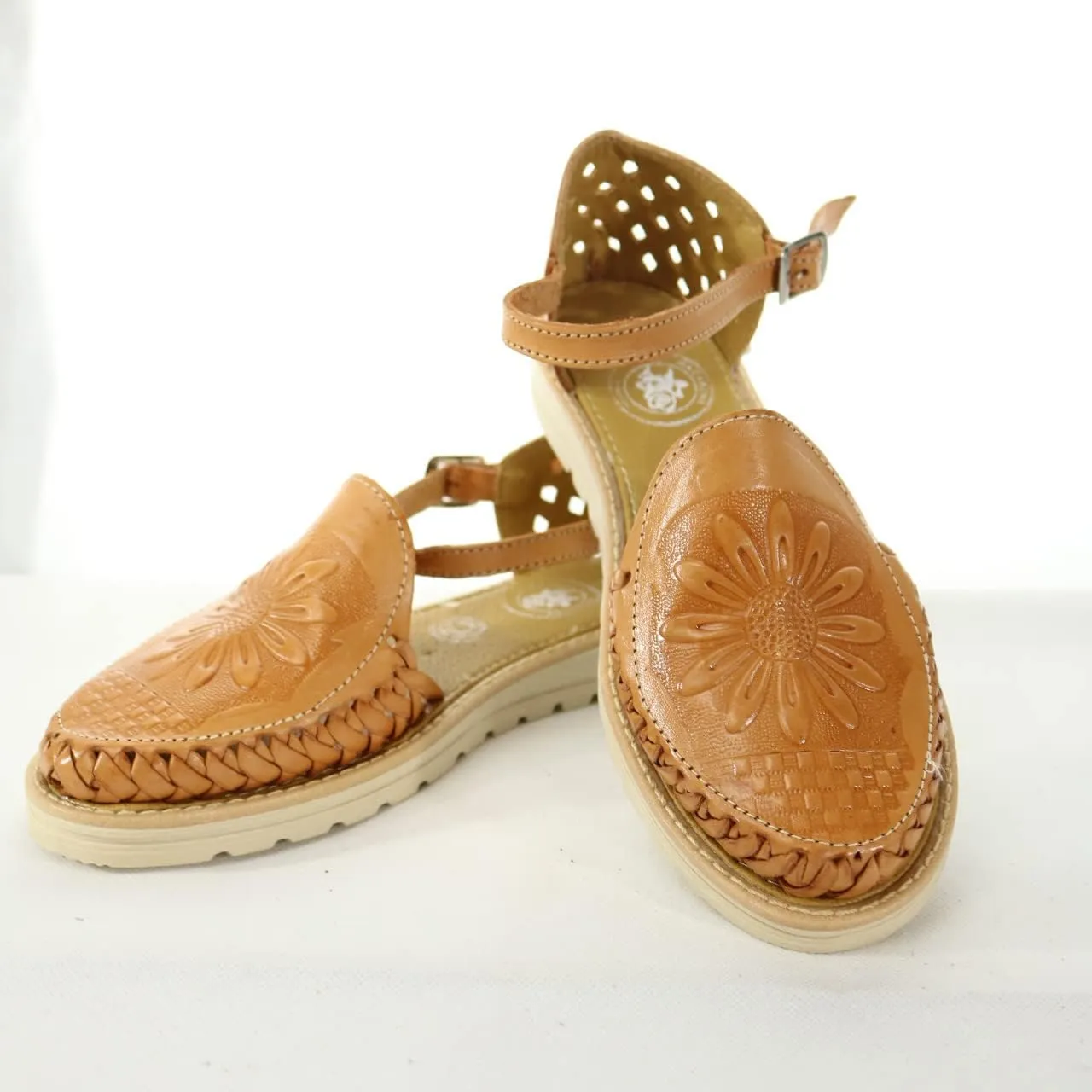 Macarena Collection Sandals women Huarache Sandal Colorful Leather Mexican Style Color Tan Sunflower die cut 040