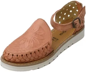 Macarena Collection Sandals women Huarache Sandal Colorful Leather Mexican Style Color Tan Sunflower die cut 040