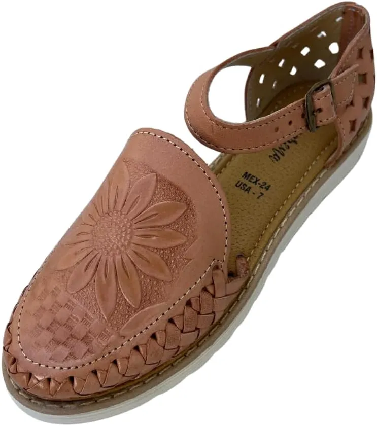 Macarena Collection Sandals women Huarache Sandal Colorful Leather Mexican Style Color Tan Sunflower die cut 040